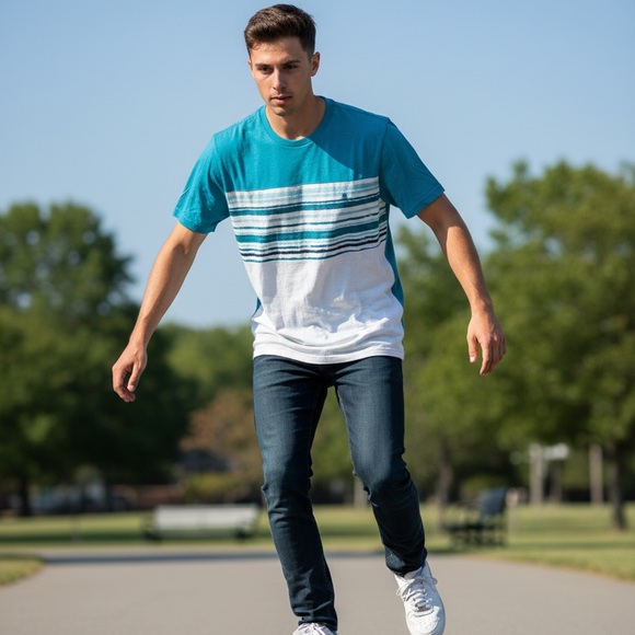 Izod Blue and White Striped Short Sleeve Shirt - Picture 1 of 2